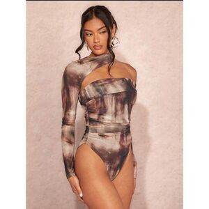 SHEIN BAE Women's Summer Tie Dye Printed Asymmetrical Collar Ruched Slim Fit Bod